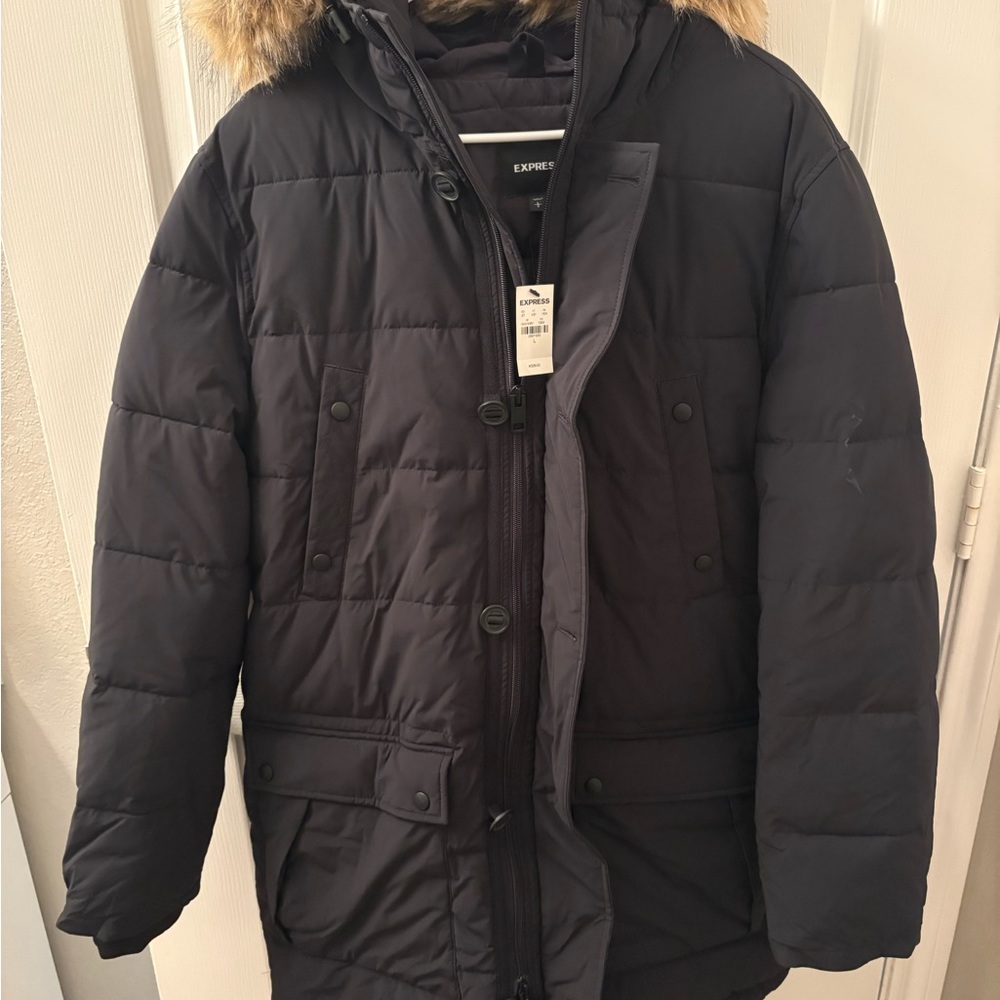 Express Heavy Black Puffer Coat with Fur Hood, NWT Large